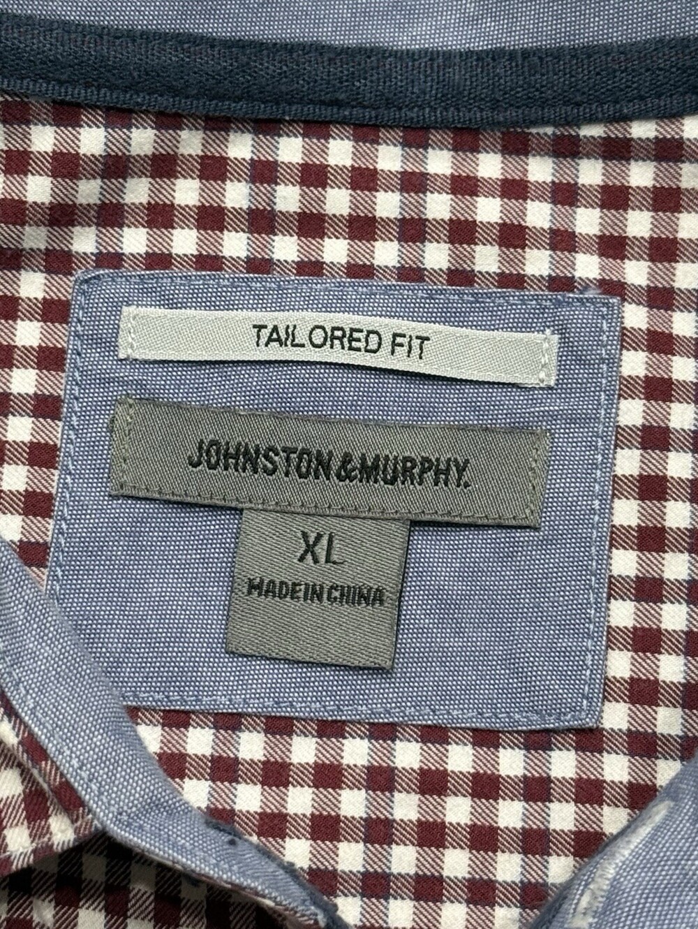 Johnston & Murphy Mens XL Tailored Fit Gingham Button Down Shirt Burgundy White - Picture 3 of 6